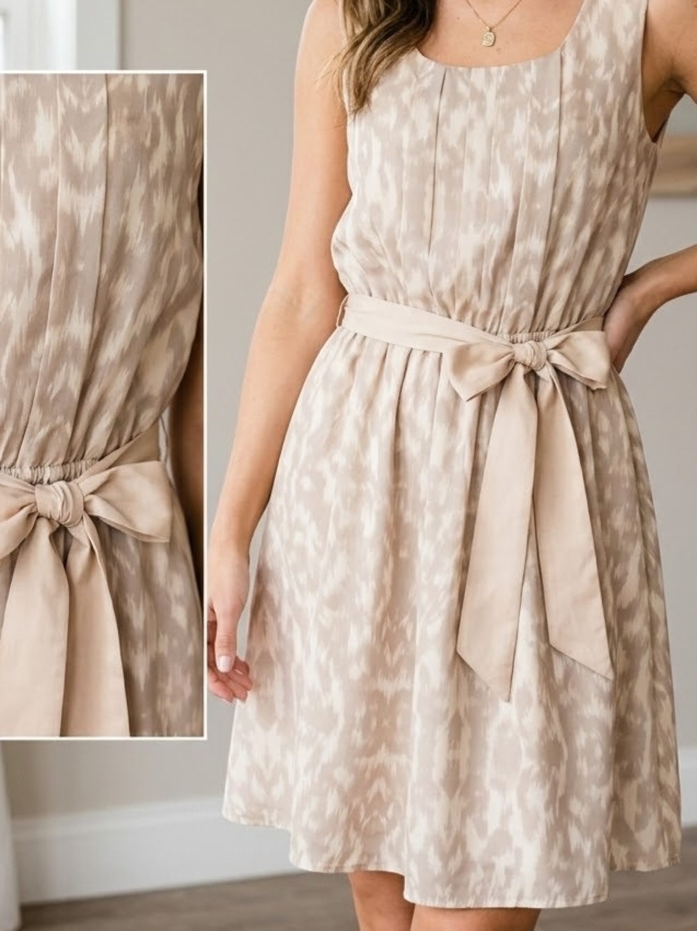 Sleeveless Beige Tie-Waist Printed Dress S